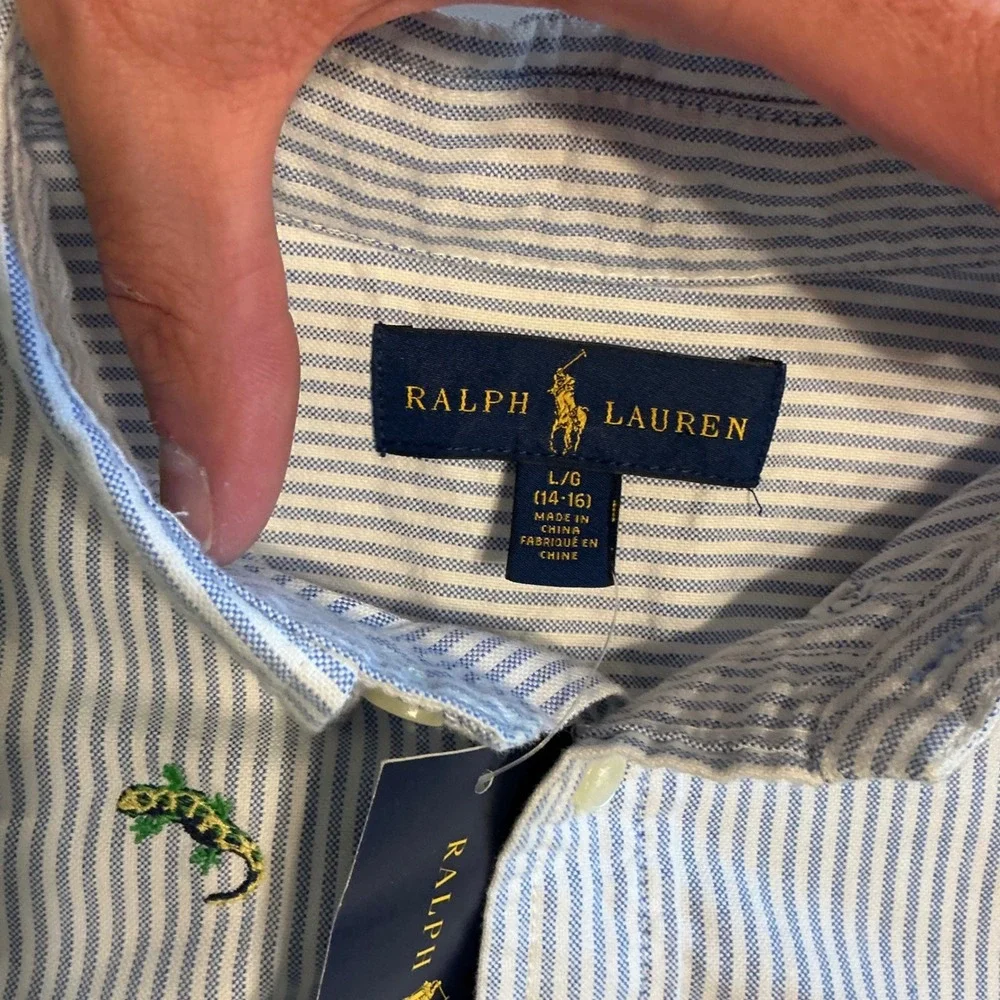 Ralph Lauren‎ Button Down Shirt Boys L 14-16 Pinstripe Lizard Embroidered Preppy